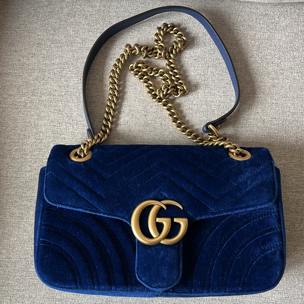 New Gucci GG Velvet Matelasse Small Marmont Shoulder Bag Cobalt Blue - Picture 3 of 17
